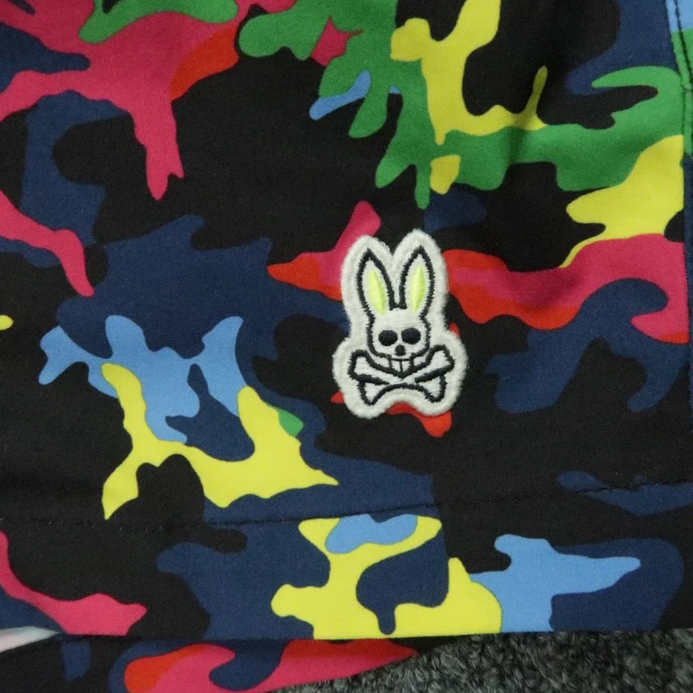 Psycho Bunny Swim Trunks Mens Extra Small Black Blue Camo Mesh Lined Colorful